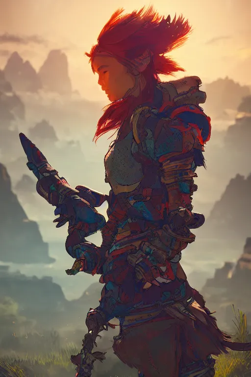 Image similar to combination suit armor aloy horizon forbidden west horizon zero dawn radiating a glowing aura global illumination ray tracing hdr fanart arstation by ian pesty and alena aenami artworks in 4 k tribal robot ninja mask helmet backpack