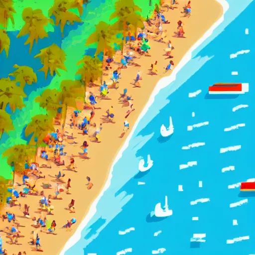 Image similar to aerial view of a busy beach on a sunny day, pixel art