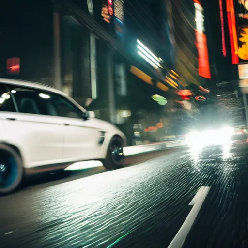 Image similar to photo of a bmw x 5 2 0 0 3 at night driving fast through a city, cinematic, 4 k, long exposure photography, tokyo drift, fast and furious, kodak portra 4 0 0