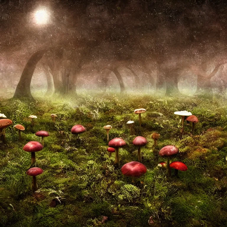 Image similar to a planet of various fungus, mushrooms, flowers and plants, inside the picture is infinity, Atmospheric, artistic photography, conceptual, long exposure outside the city, volumetric light