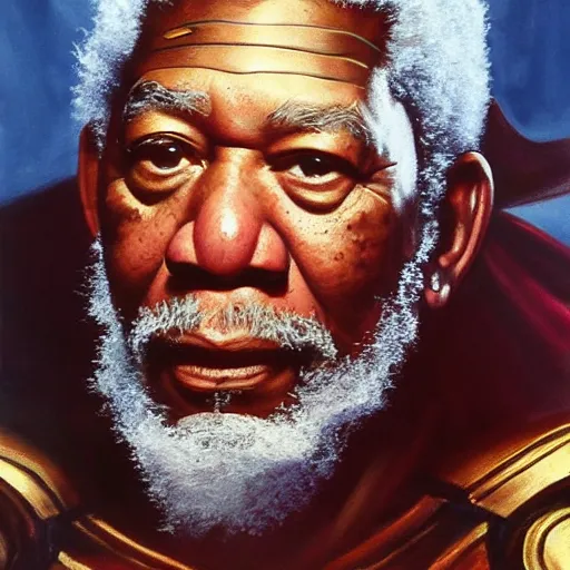 Image similar to ultra realistic portrait painting of morgan freeman as thor, art by frank frazetta, 4 k, ultra realistic, highly detailed, epic lighting