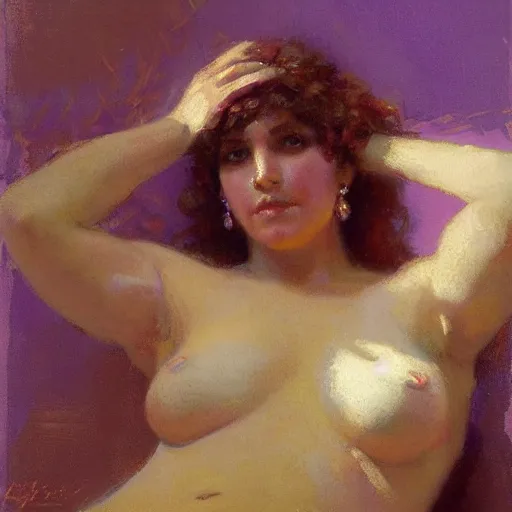 Image similar to a woman in a purple shirt with a normal body type, painting by Gaston Bussiere, Craig Mullins