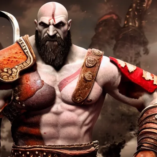 Image similar to Kratos from god of war standing in front of a mcdonalds