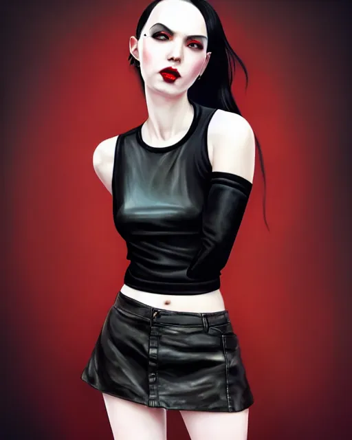 Prompt: a full body portrait of pale skin goth beauty in leather mini skirt and leather tank top, black hair, red lips, digital painting by ilya kuvshinov and ross tran and karol bak and stanley lau and anna dittmann and artgerm and xiaoguang sun and tian zi