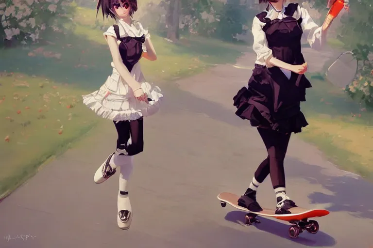 Image similar to A ultradetailed beautiful panting of a stylish woman in a maid outfit skateboarding, Oil painting, by Ilya Kuvshinov, Greg Rutkowski and Makoto Shinkai