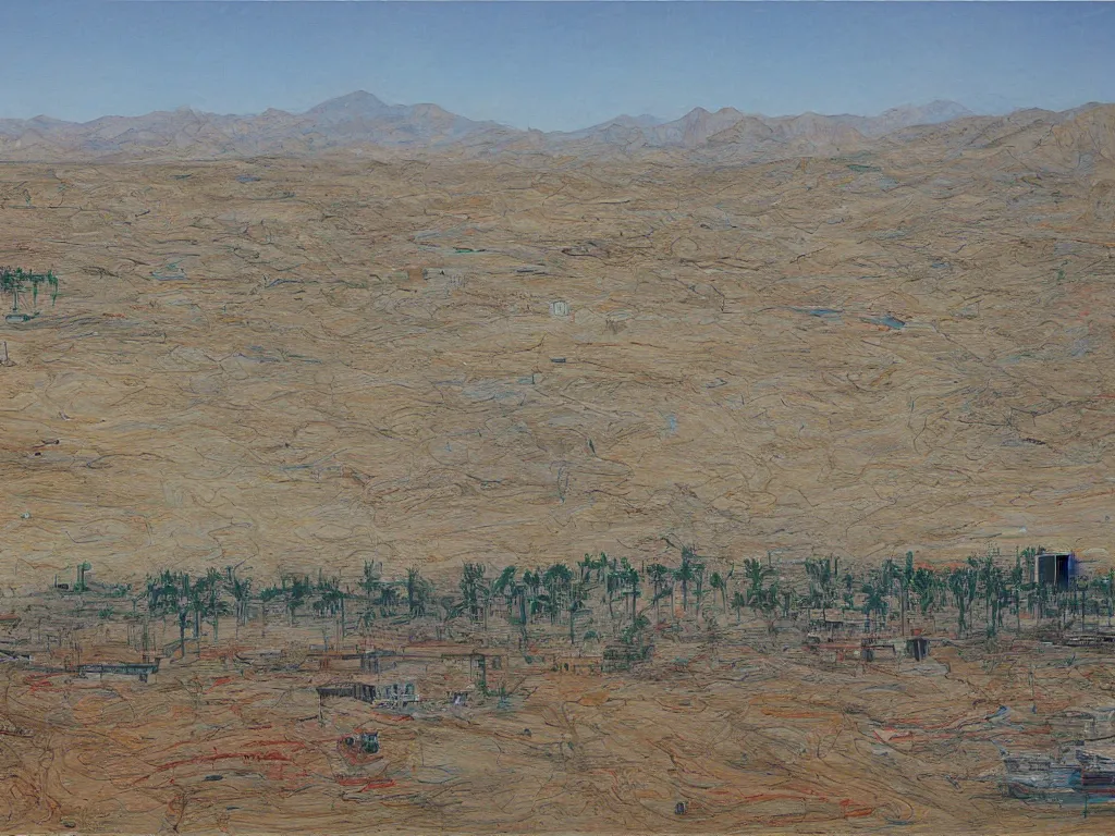 Image similar to landscape, large Trailer park in the desert near the oasis with a reservoir and rednecks, painting by style Julie Mehretu