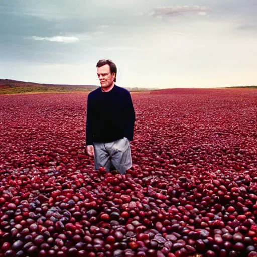 Image similar to bryan cranston's body is a bowl of cranberries, head submerged in cranberries, natural light, sharp, detailed face, magazine, press, photo, steve mccurry, david lazar, canon, nikon, focus