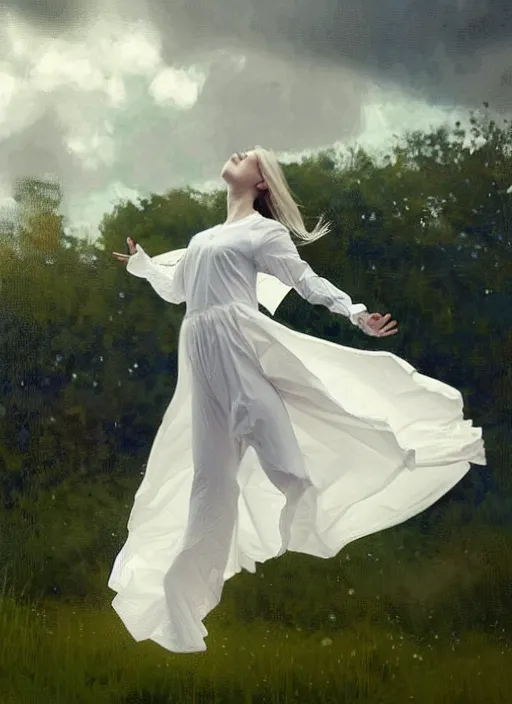 Image similar to portrait of a levitating girl dressed in white clothes, countryside, calm, fantasy character portrait, dynamic pose, above view, sunny day, thunder clouds in the sky, artwork by Jeremy Lipkin and Giuseppe Dangelico Pino and Michael Garmash and Rob Rey, very coherent asymmetrical artwork, sharp edges, perfect face, simple form, 100mm