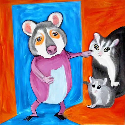 Image similar to danny devito in the form of a possum scaring away cats abstract painting