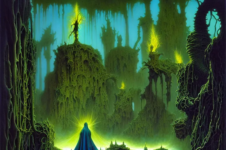 Image similar to the forgotten misery by michael whelan and roger dean and brom and hubert robert and greg staples and donato giancola, beautiful, flowing magical flesh robe, highly detailed, hyperrealistic, intricate, energy, electric, blue flame, low light, green crystal, high contrast, old and young, lifelike