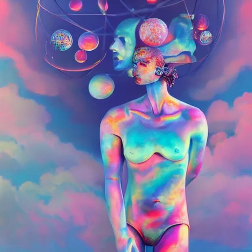 Prompt: surreal gouache painting, clouds, vaporwave marble statue, ruan jia, conrad roset, bubbles, orbs, incredibly detailed, floating molecules and a mannequin artist holding an icosahedron with stars, clouds, and rainbows in the background, retrowave, modular patterned mechanical costume headpiece, masterpiece, intricate, elegant