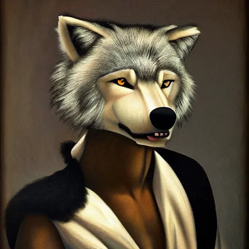 Image similar to wolf fursuit, painted by caravaggio