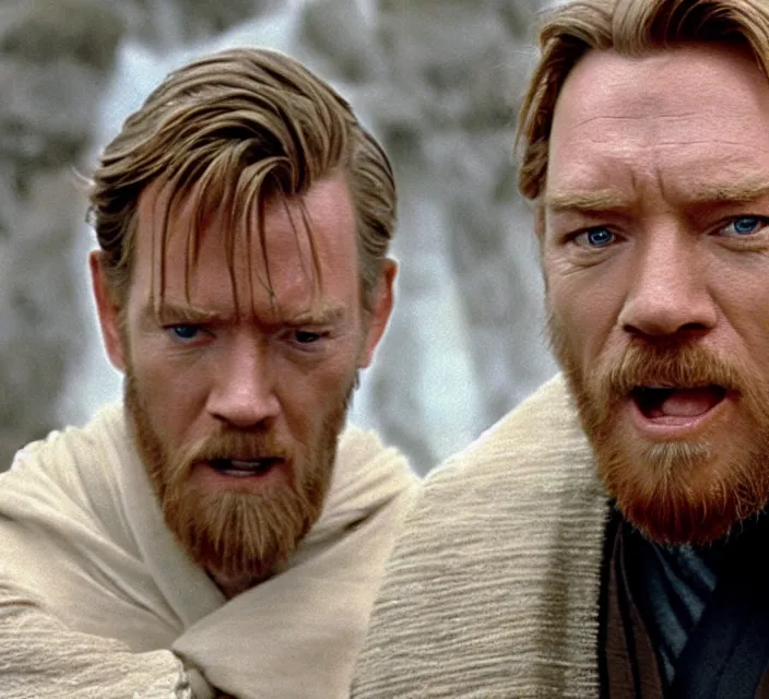 Image similar to still image of obi - wan kenobi making a funny face, ewan mcgregor, live - action, star wars movie, cinematic