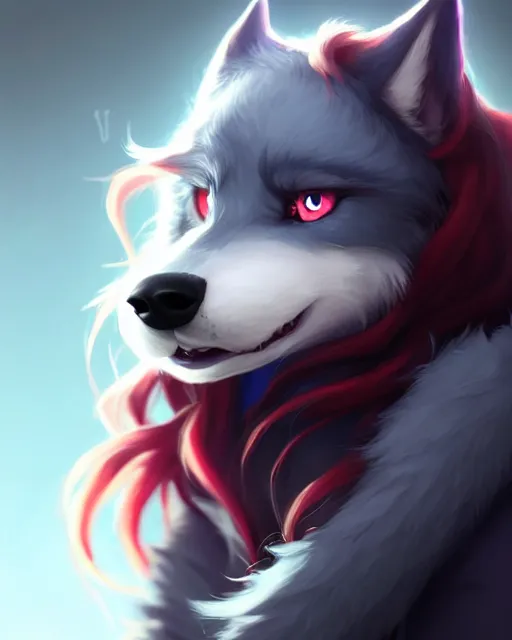 Prompt: character concept art of a dark grey anthropomorphic furry wolf with long red hair blue eyes | | cute - fine - face, pretty face, key visual, realistic shaded perfect face, fine details by stanley artgerm lau, wlop, rossdraws, james jean, andrei riabovitchev, marc simonetti, and sakimichan, artstation
