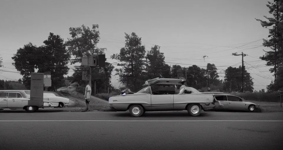 Prompt: a photograph of a car at an intersection with a person standing in its headlights by Gregory Crewdson