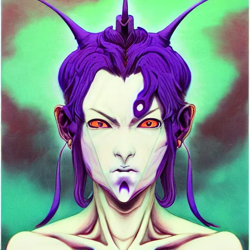 Image similar to prompt : purple oni demon portrait soft light painted by james jean and katsuhiro otomo and erik jones, inspired by evangeleon anime, smooth face feature, intricate oil painting, high detail illustration, sharp high detail, manga and anime 1 9 9 9