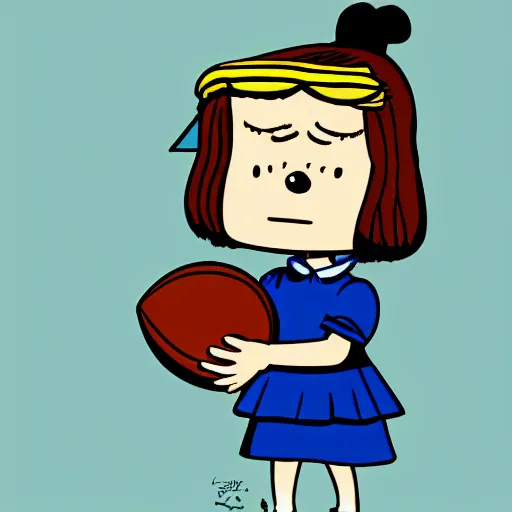 Image similar to Lucy van Pelt from Peanuts holding down an American football, digital art, artstation