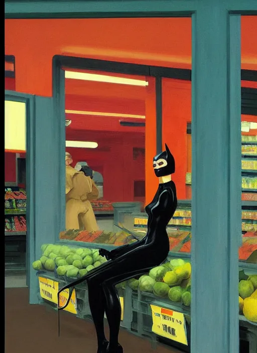 Prompt: catwoman in line at a grocery store painting by Edward Hopper and James Gilleard, Zdzislaw Beksinski highly detailed