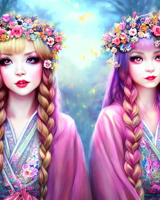 Image similar to two beautiful fashion siberian girls wear fantasy kimono in festival | | big eyes, sunny, dreamlike art, realistic shaded, smile, good looking, hyper details, 4 k realistic, cryengine, realistic shaded lighting poster by artgerm, ross tran, fuji choko, loish, 8 k resolution, trending on artstation, luxury