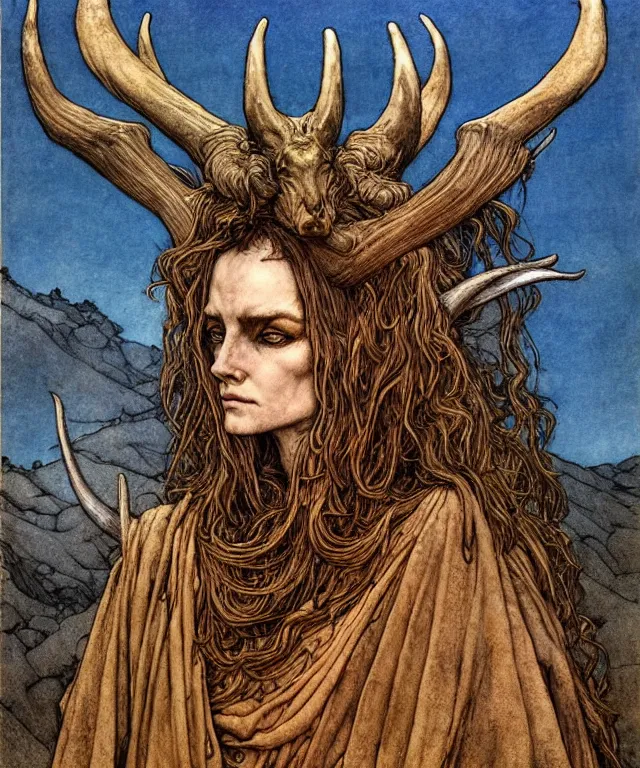Prompt: by Rebecca Guay. A detailed horned antelopewoman stands among the mountains. Wearing a ripped mantle, robe. Perfect faces, extremely high details, realistic, fantasy art, solo, masterpiece, art by Zdzisław Beksiński, Arthur Rackham, Dariusz Zawadzki