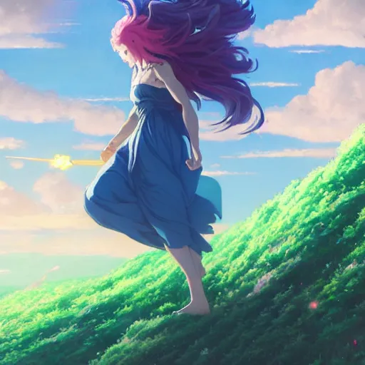 Image similar to a film still portrait of rainbow - haired goddess painting the earth, finely detailed features, closeup at the faces, perfect art, in space, gapmoe yandere grimdark, trending on pixiv fanbox, painted by greg rutkowski makoto shinkai takashi takeuchi studio ghibli, akihiko yoshida