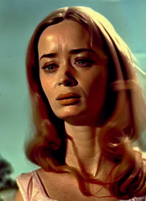 Prompt: 1973 film still from an Italian drama film of a bemused teenage Emily Blunt as the goddess of orange. staring intently at you. focused on her eyes. ultra detailed painting at 16K resolution and amazingly epic visuals. epically beautiful image. amazing effect, image looks gorgeously crisp as far as it's visual fidelity goes, absolutely outstanding. vivid clarity. ultra. iridescent. mind-breaking. mega-beautiful pencil shadowing. beautiful face. Ultra High Definition. godly shading. amazingly crisp sharpness. photorealistic film cel processed twice..