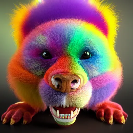 Prompt: Cute fur rainbow monster, hyper realistic, photoreal render, octane render, trending on artstation
