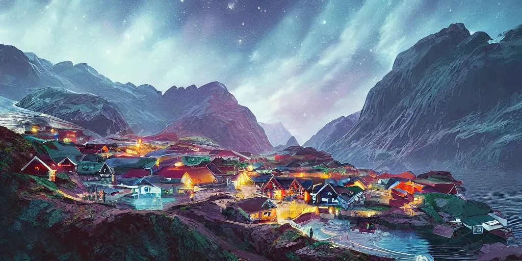 Image similar to a small asteroid mining village nestled in the fjords of norway by alena aenami, petros afshar