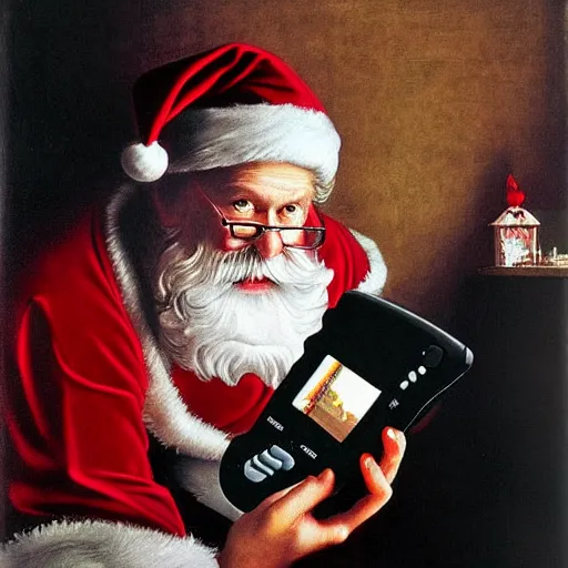 Prompt: Father Christmas playing with a nintento Gameboy Painted by Caravaggio