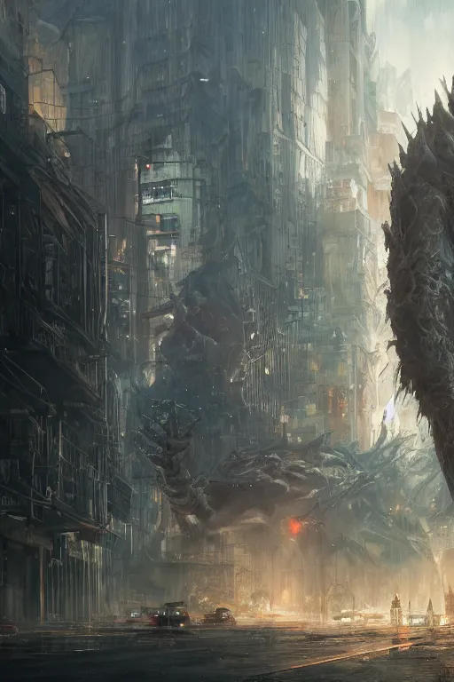 Image similar to a beautiful portrait of a giant michanical beast in an apocalyptic city by Greg Rutkowski, Sung Choi, Mitchell Mohrhauser, Maciej Kuciara, Johnson Ting, Maxim Verehin, Peter Konig, final fantasy, Marco lense , 8k photorealistic, cinematic lighting, HD, high details, atmospheric , trending on artstation