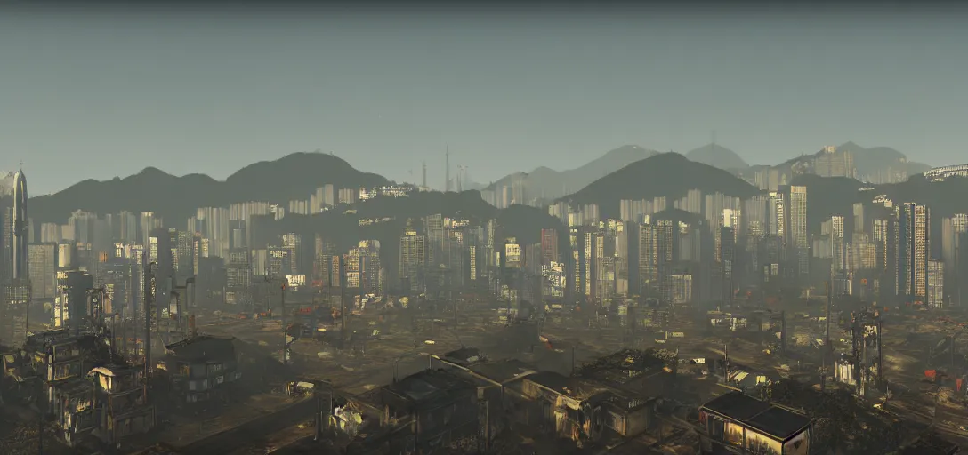 Prompt: Photo of Hong Kong Skyline in Fallout 4 Style, 8K, high quality, very detailed