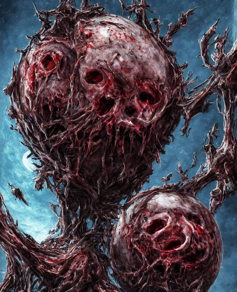 Image similar to moon sphere made from thousands of rotten demonic bloody corpses of Nicolas Cage, body horror, flesh, blood, grotesque hell, highly detailed, vivid colors, dark shadows, contrast, concept art, sharp focus, digital art, Hyper-realistic, 4K, Unreal Engine, Highly Detailed, Dramatic Lighting, Beautiful, by Brom, bastien lecouffe-deharme