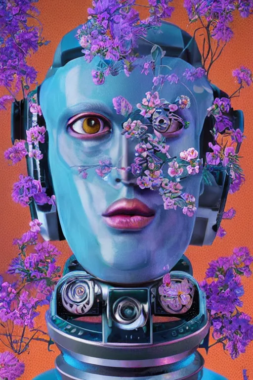Prompt: a digital painting of a robot with flowers, 1965 character portrait by Vladimir Tretchikoff, cgsociety, panfuturism, made of flowers, dystopian art, vaporwave