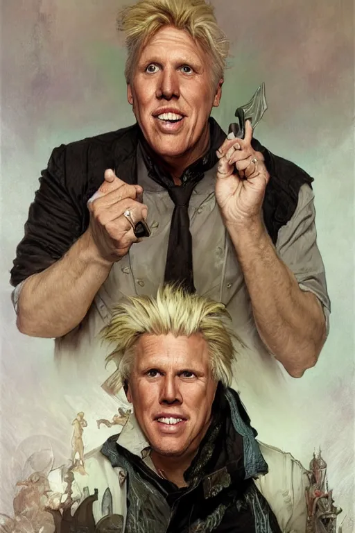 Image similar to Gary Busey portrait, fantasy, by Stanley Artgerm Lau, greg rutkowski, thomas kindkade, alphonse mucha, loish, norman Rockwell