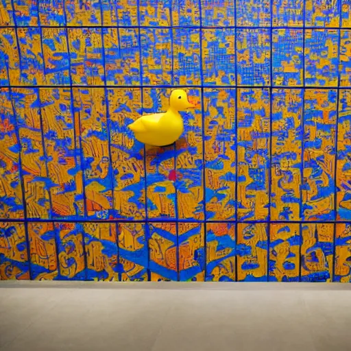 Image similar to wide shot, one photorealistic rubber duck in foreground on a pedestal in an cavernous museum gallery, metropolitan museum of art, the walls are covered with colorful geometric wall paintings in the style of sol lewitt, tall arched stone doorways, through the doorways are more wall paintings in the style of sol lewitt.