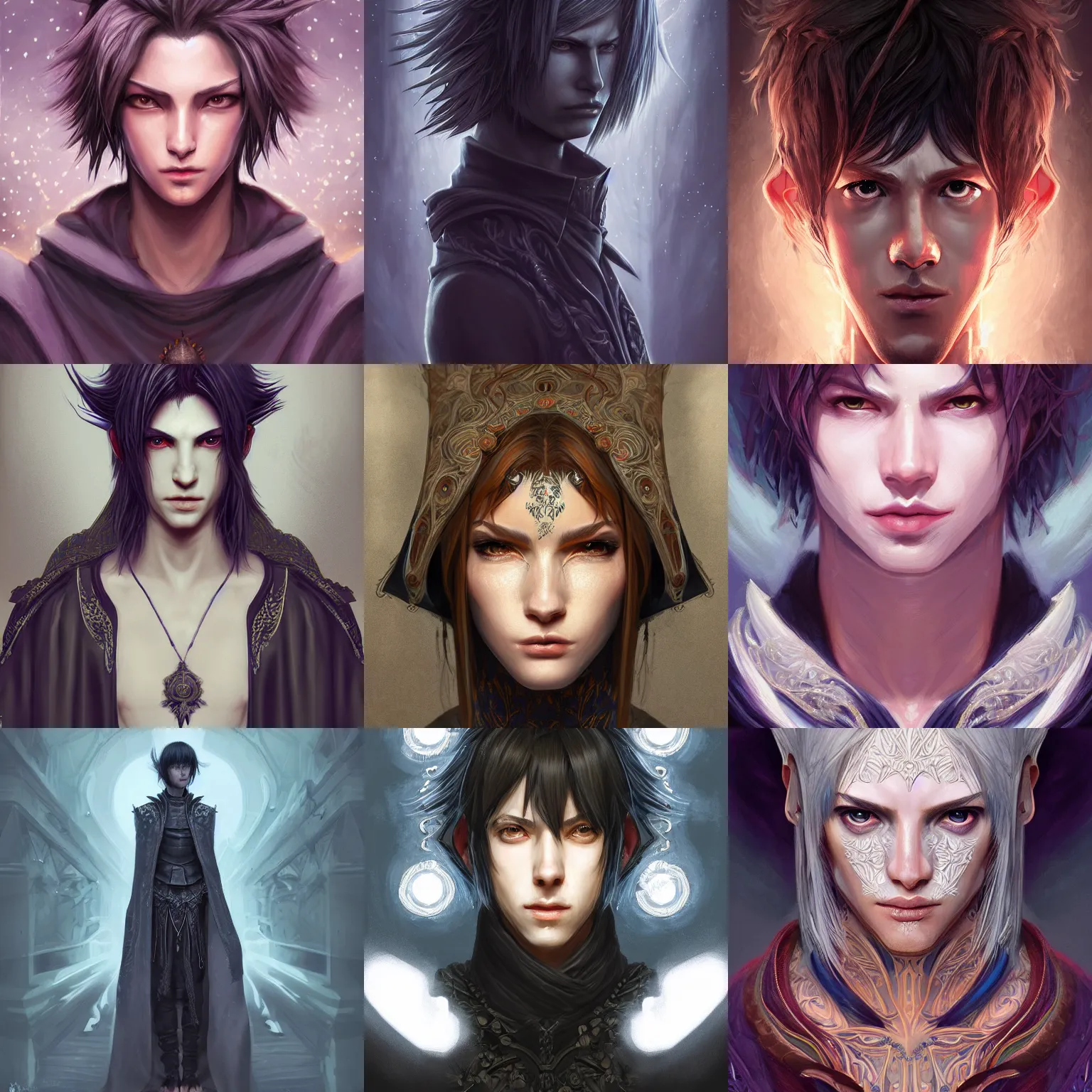 Prompt: head-on centered symmetrical painted portrait, Noctis Lucis Caelum as an androgynous Mage, intricate fantasy robes, fantasy, intricate, elegant, highly detailed, digital painting, smooth, sharp focus, illustration, dramatic lighting, artstation, in the style of Artgerm and Anna Podedworna and Alex Ross, 8k