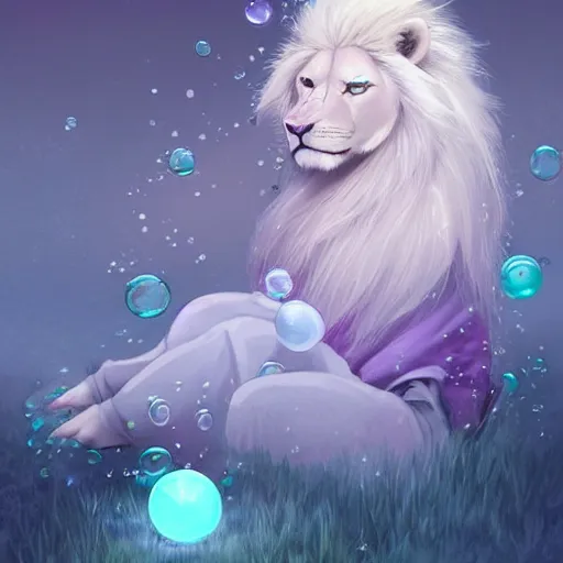 Prompt: aesthetic portrait commission of a albino male furry anthro lion under a lavender bubble filled while wearing a cute mint colored cozy soft pastel winter outfit with pearls on it, winter Atmosphere. Character design by charlie bowater, ross tran, artgerm, and makoto shinkai, detailed, inked, western comic book art, 2021 award winning painting