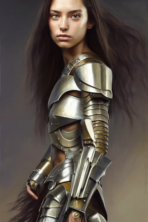 Image similar to a photorealistic painting of an attractive young girl, partially clothed in dull metal-plated battle armor, olive skin, long dark hair, beautiful bone structure, symmetric facial features, perfect eyes, natural physique, intricate, elegant, digital painting, concept art, finely detailed, illustration, sharp focus, minimal artifacts, from Metal Gear, by Ruan Jia and Mandy Jurgens and Artgerm and William-Adolphe Bouguerea, in the style of Greg Rutkowski, trending on Artstation, award winning