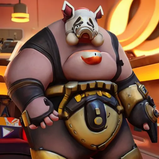 Image similar to Roadhog from Activision Blizzard’s Overwatch video game eats at McDonald’s with Obama