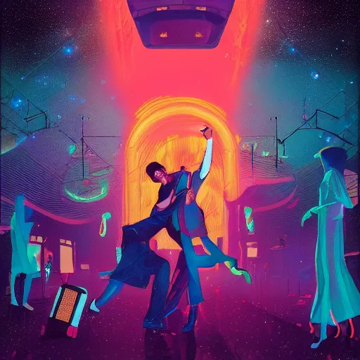 Prompt: a fever of the night, a grime tale of the night fever, disco club of the occult, digital painting, artstation, ristan eaton, victo ngai, artgerm, rhads, ross draws, anime styled