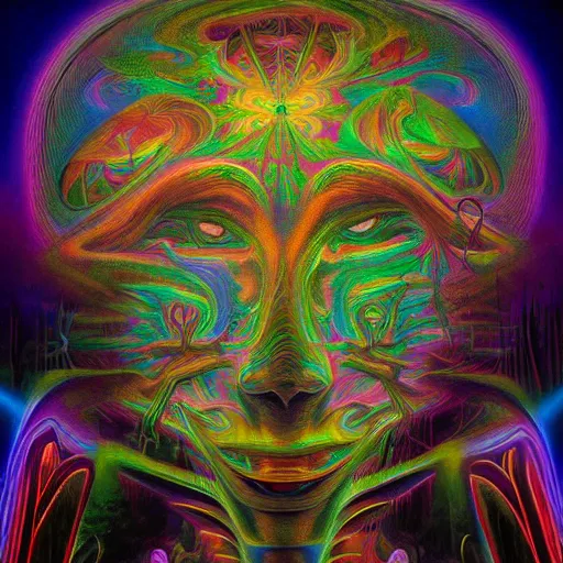 Image similar to a psychedelic painting of a dmt trip by alex grey, hyperrealistic, finely detailed, dramatic lighting, octane, unreal engine