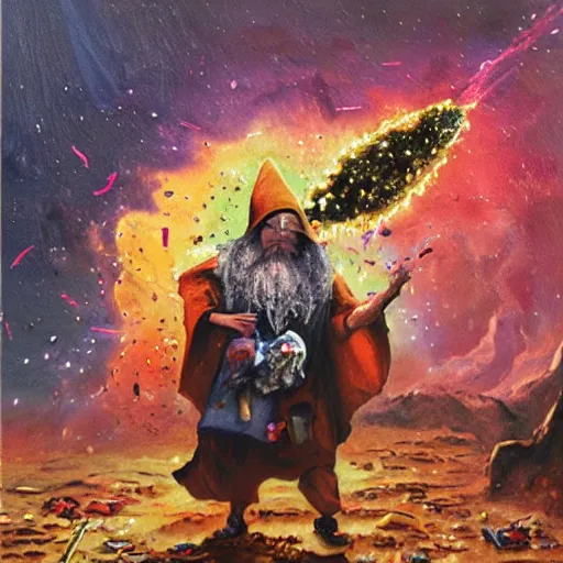 Image similar to Trash wizard conjures garbage comets to destroy his foes and make them stinky, realistic oil painting, fantastic