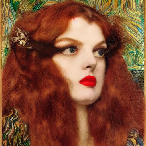 Image similar to portrait of a hybrid of judy garland and lady gaga with marfan syndrome, with a brown fringe, holman hunt, john william waterhouse, kilian eng, rosetti, john everett millais, william holman hunt, 4 k