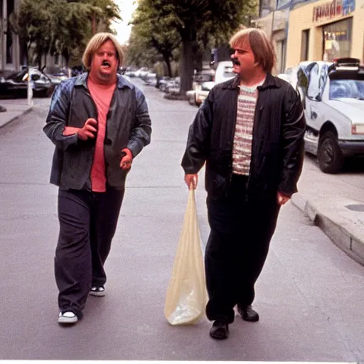 Prompt: Chris Farley and David Spade walking down a city street holding a plastic bag, 35mm film still from 1994