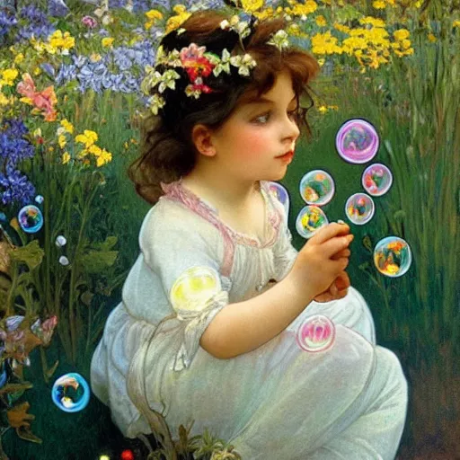 Prompt: a little girl in a beautiful garden blowing bubbles. beautiful painting with high quality detailed face by disney and alphonse mucha