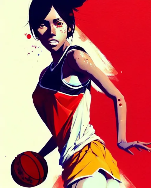 Image similar to a ultradetailed beautiful panting of a woman playing basketball, by conrad roset, greg rutkowski and makoto shinkai, trending on artstation