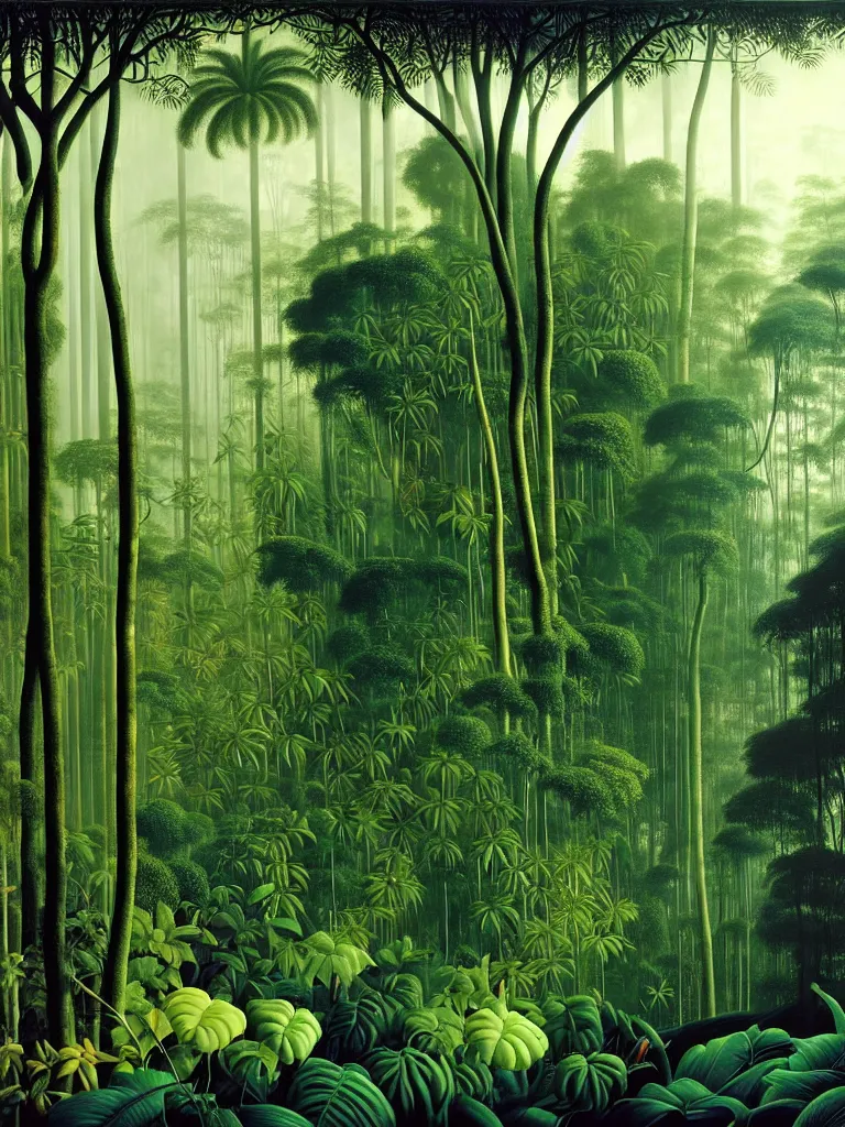 Prompt: A photorealistic painting of the lush interior of a Malaysian jungle, forest canopy covers the morning sunlight, dense exotic tropical flora and fauna gives a foreboding atmosphere where time seems to stand still, creeping vines hangs like bloody entrails, tree roots like severed human limbs as imagined by Martin Johnson Heade, Hiroshi Sugimoto, Henri Rousseau, medium close up shot, wide angle lens, anaglyph filter, cinematic mood lighting, National Geographic photograph, British Pathe archive, cinematography of Apocalypse Now (1977), trending on Art Station.