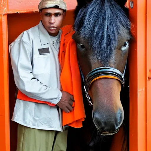 Prompt: horse wearing orange inmate clothes