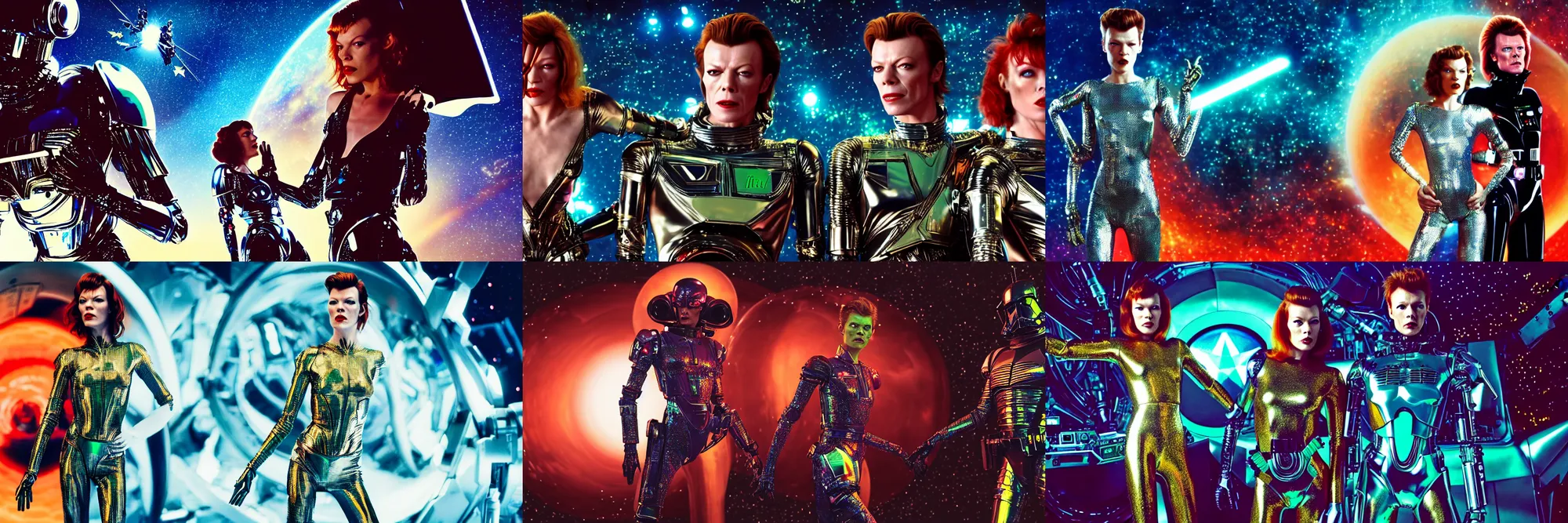 Prompt: milla jovovich and david bowie wearing a rocknroll glitzy glamour spacesuit, psychedelic, surreal, beautiful, heroic action pose, a friendly android, stunning alien landscape, cinematic, dramatic studio lighting, wide shot, in the style of kubrick, ridley scott, jodorowsky, dune, star wars, transformers, illustration, octane render 8 k