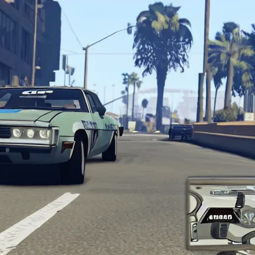 Image similar to GTA V arnold schwarzenegger screenshot stealing a cop car